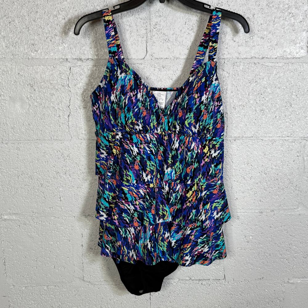 Swim Solutions Women's Printed Tiered Fauxkini 1pc swimsuit Rainbow Rain 14 $102 - Picture 3 of 9